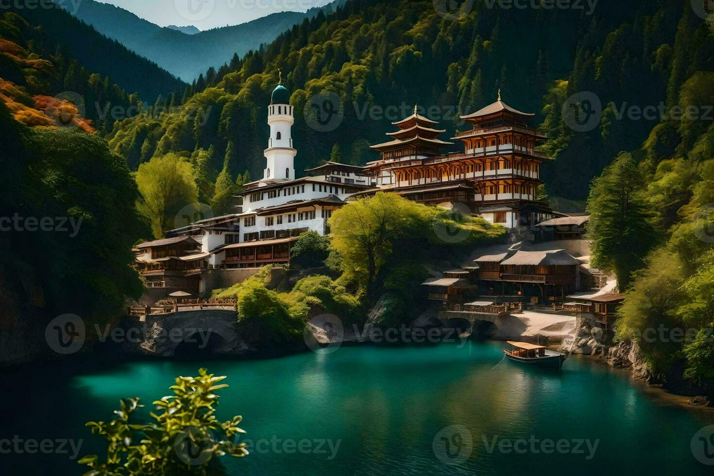 a beautiful chinese temple sits on a hill overlooking a lake. AI-Generated photo