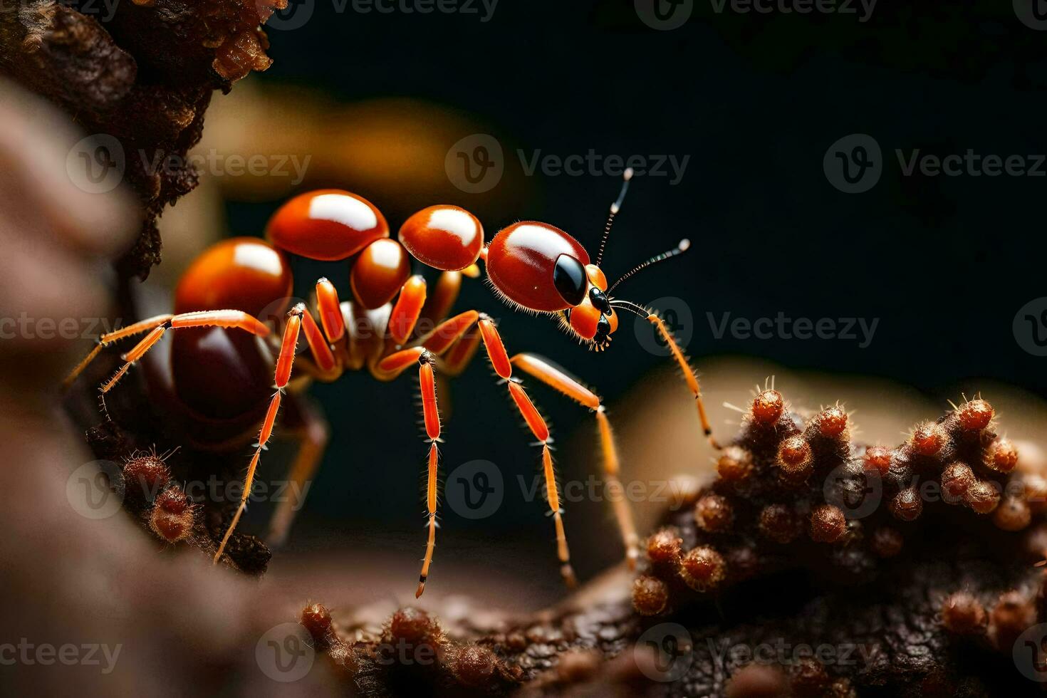a red ant is standing on a piece of wood. AI-Generated photo