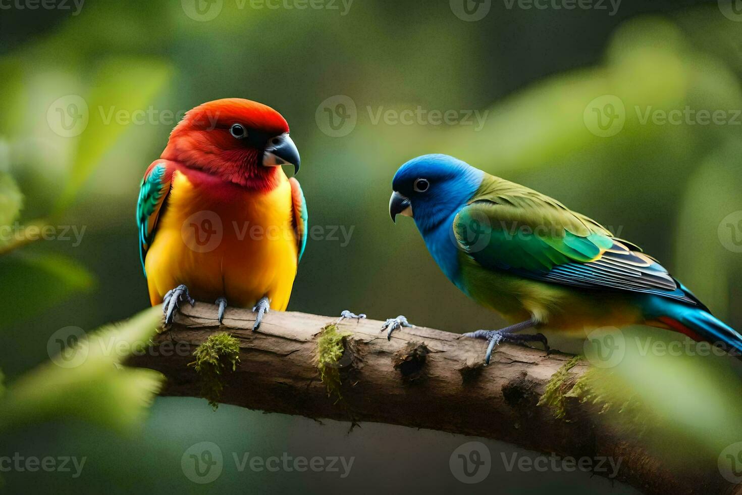 two colorful birds sitting on a branch. AI-Generated photo