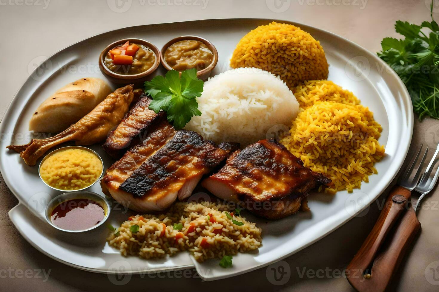a plate of food with rice, meat and vegetables. AI-Generated photo