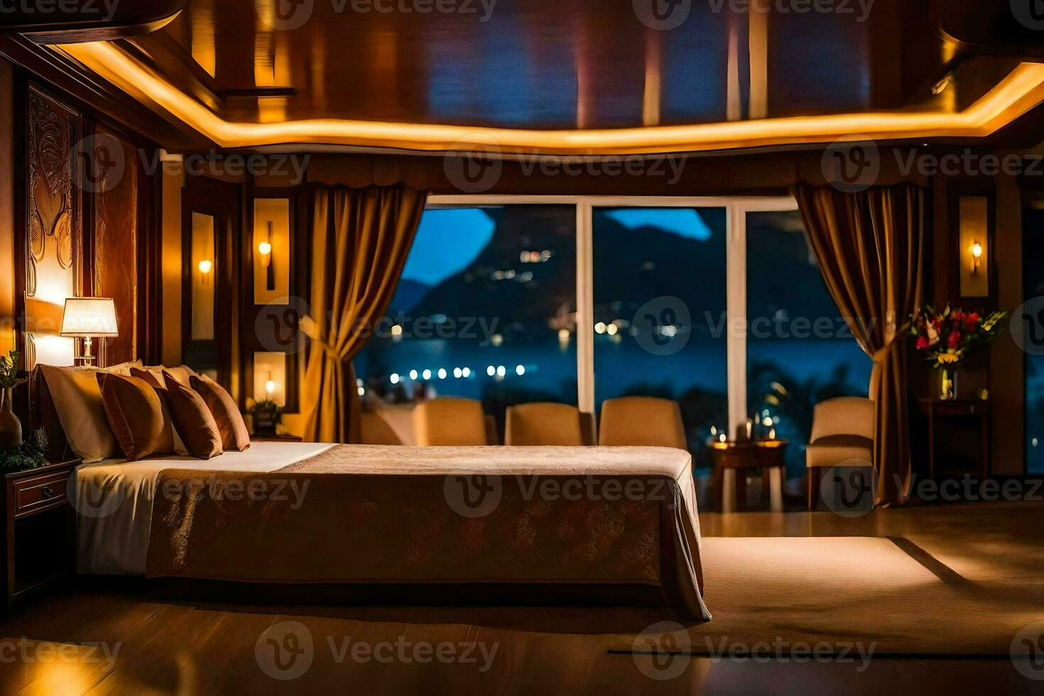 a bedroom with a view of the ocean at night. AI-Generated photo