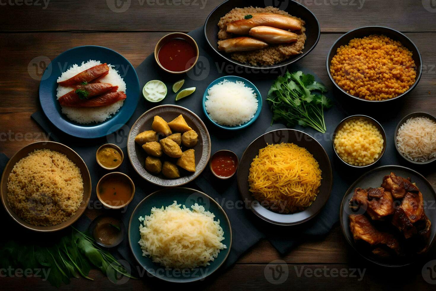 a variety of dishes are arranged in bowls. AI-Generated photo