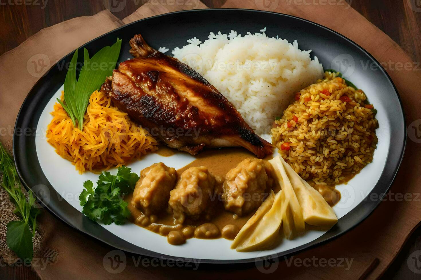 a plate with rice, chicken and vegetables on it. AI-Generated photo