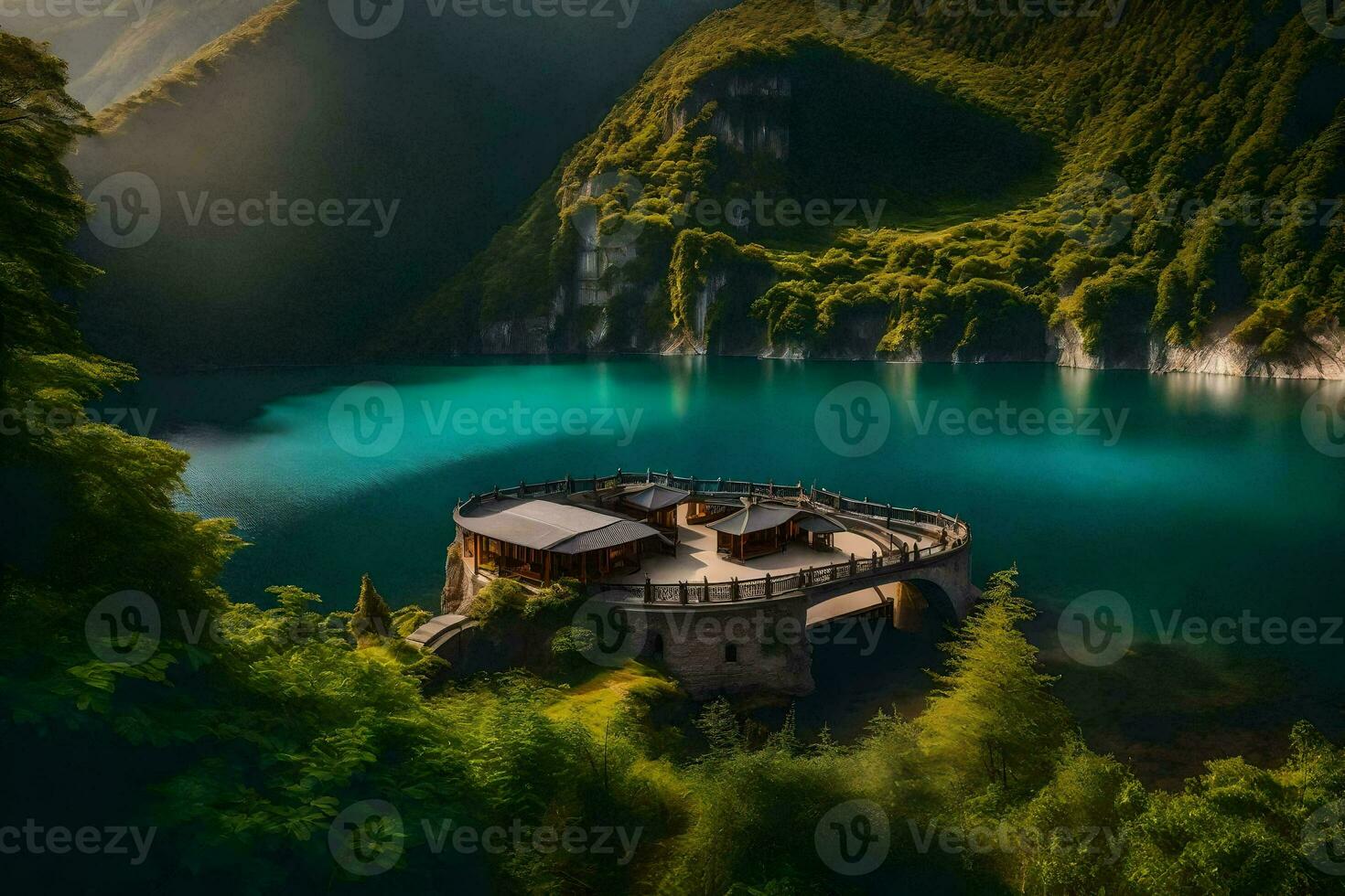 a small house sits on top of a mountain overlooking a lake. AI-Generated photo