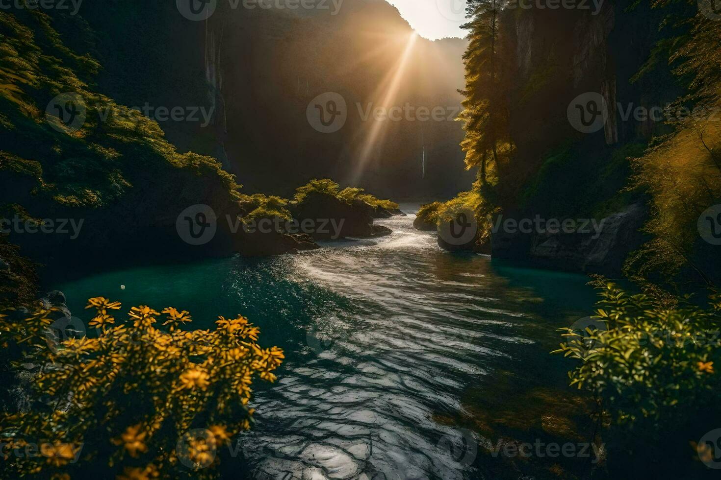 sunlight shining through a river in the mountains. AI-Generated photo