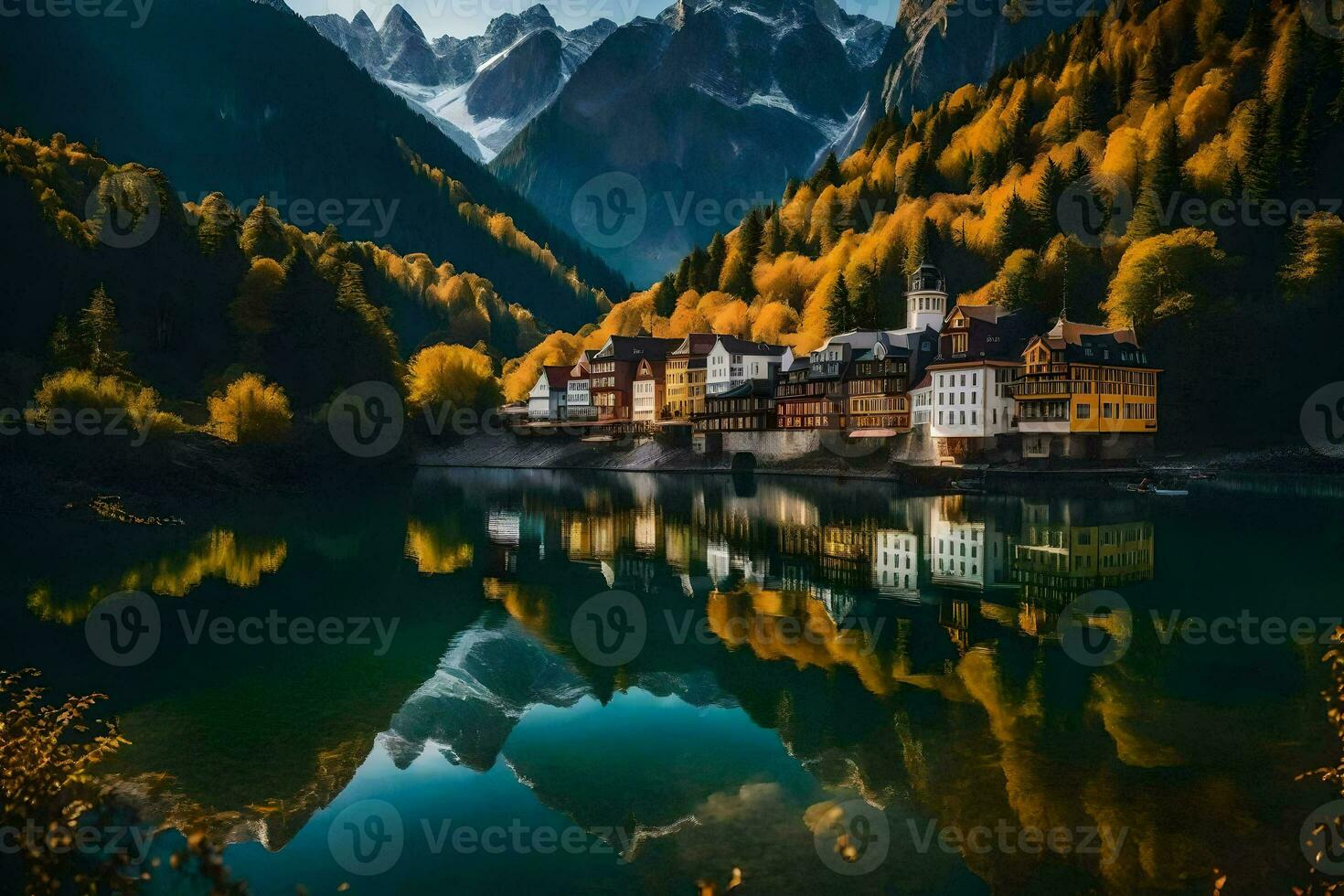 the village of alpine lake in the mountains. AI-Generated photo