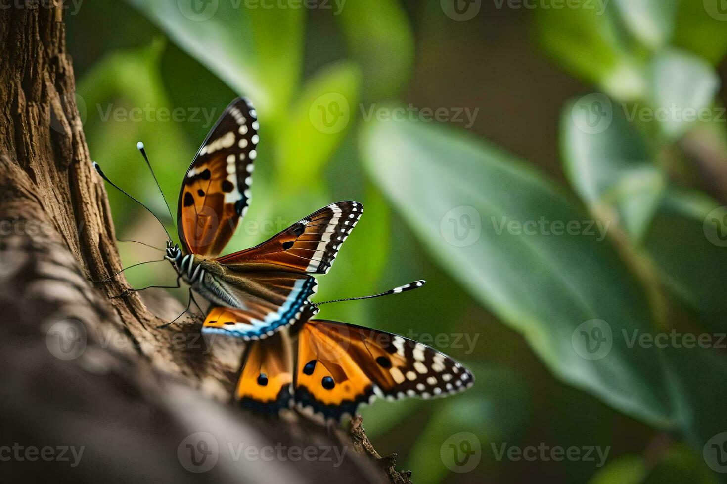 two butterflies are sitting on a tree branch. AI-Generated photo