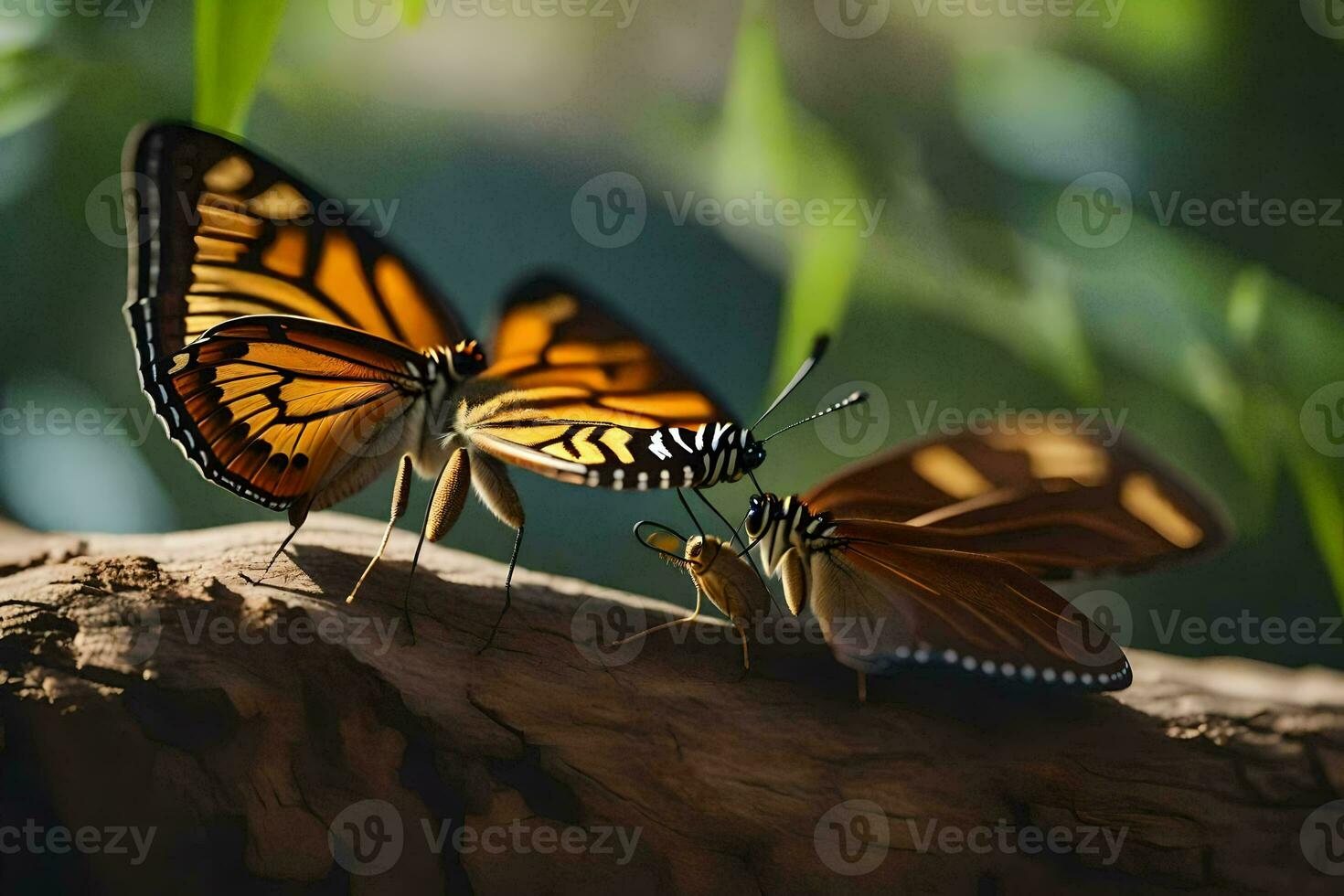 two butterflies are sitting on a branch. AI-Generated photo