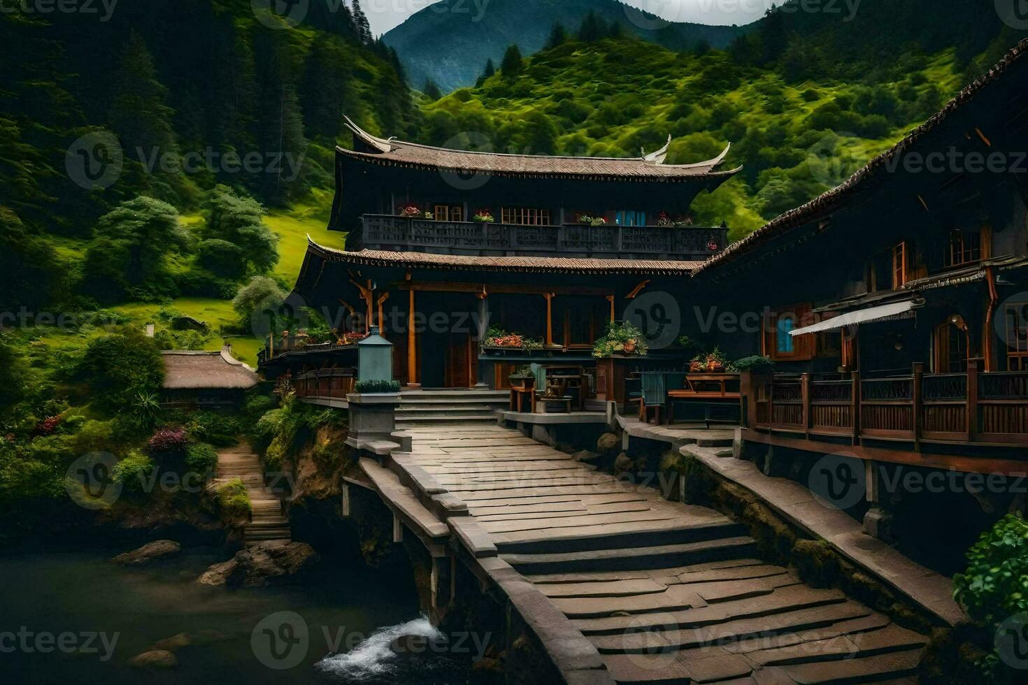 a wooden bridge leads to a chinese house in the mountains. AI-Generated photo