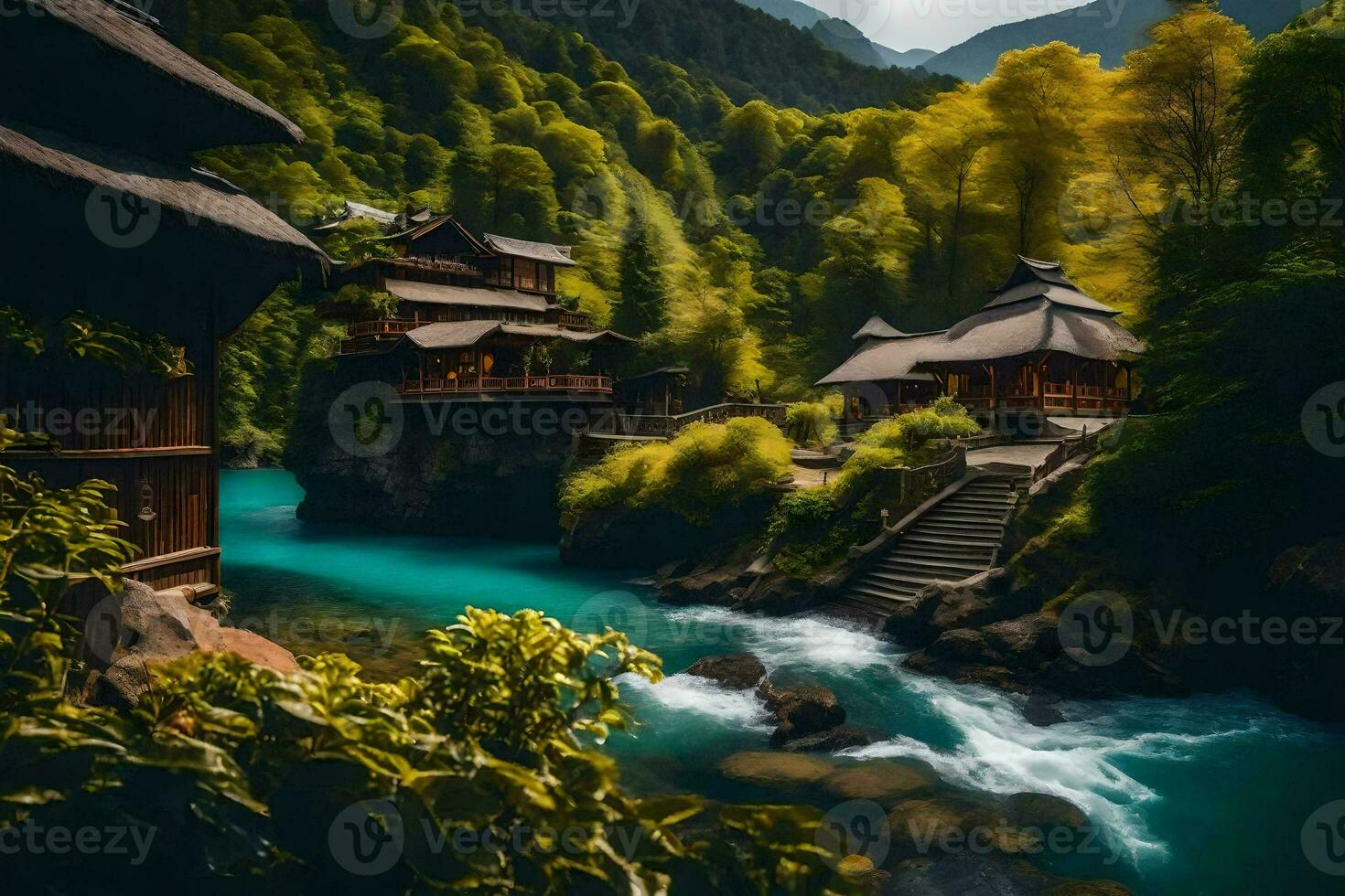 a river runs through a forest and houses. AI-Generated photo