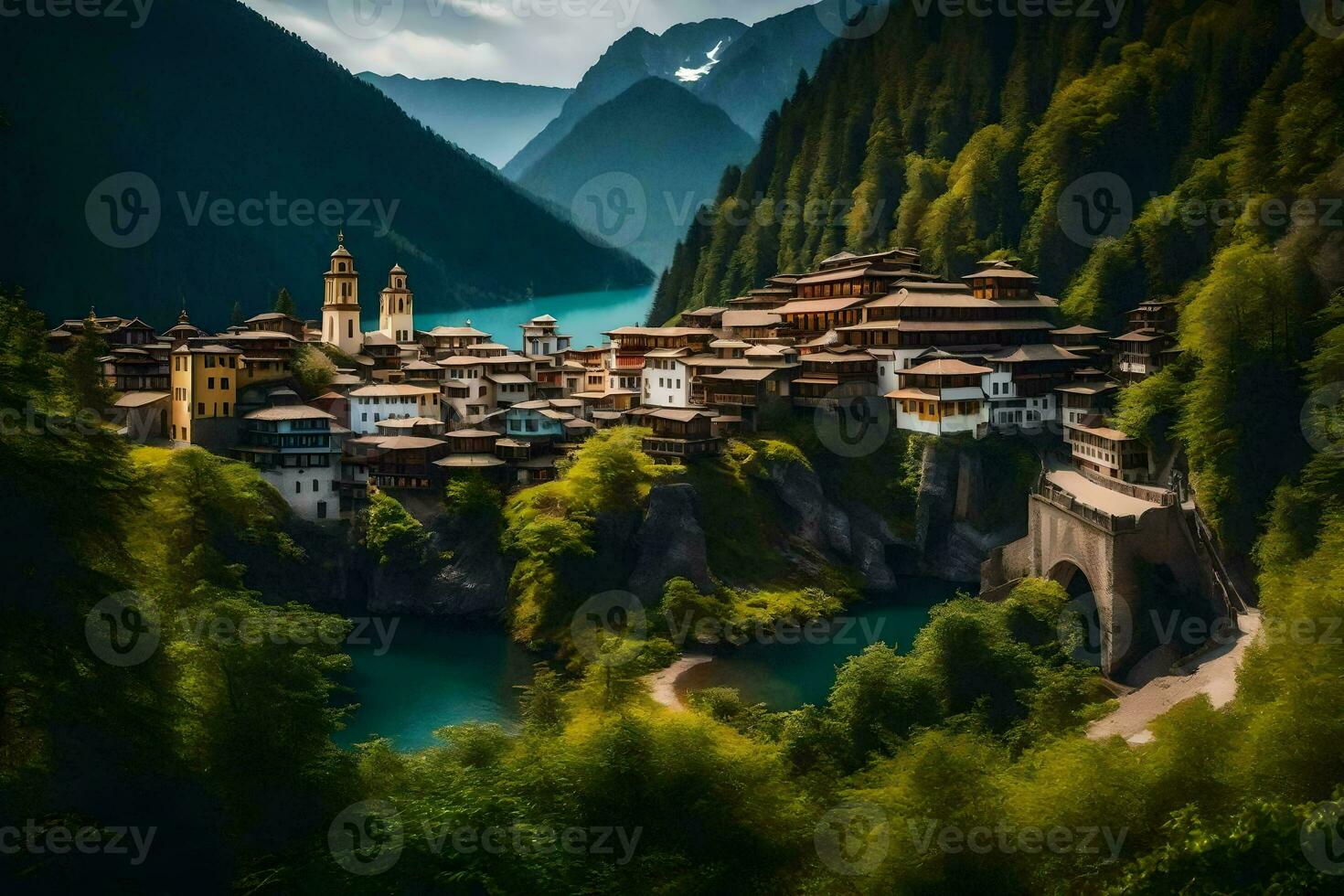 a village in the mountains with a lake and mountains. AI-Generated photo