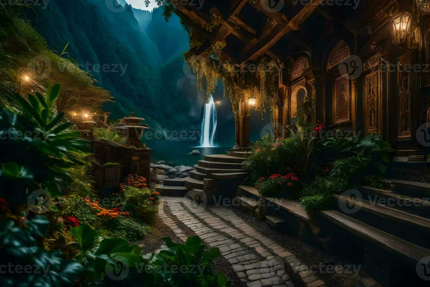 a path leads to a waterfall and a garden. AI-Generated photo