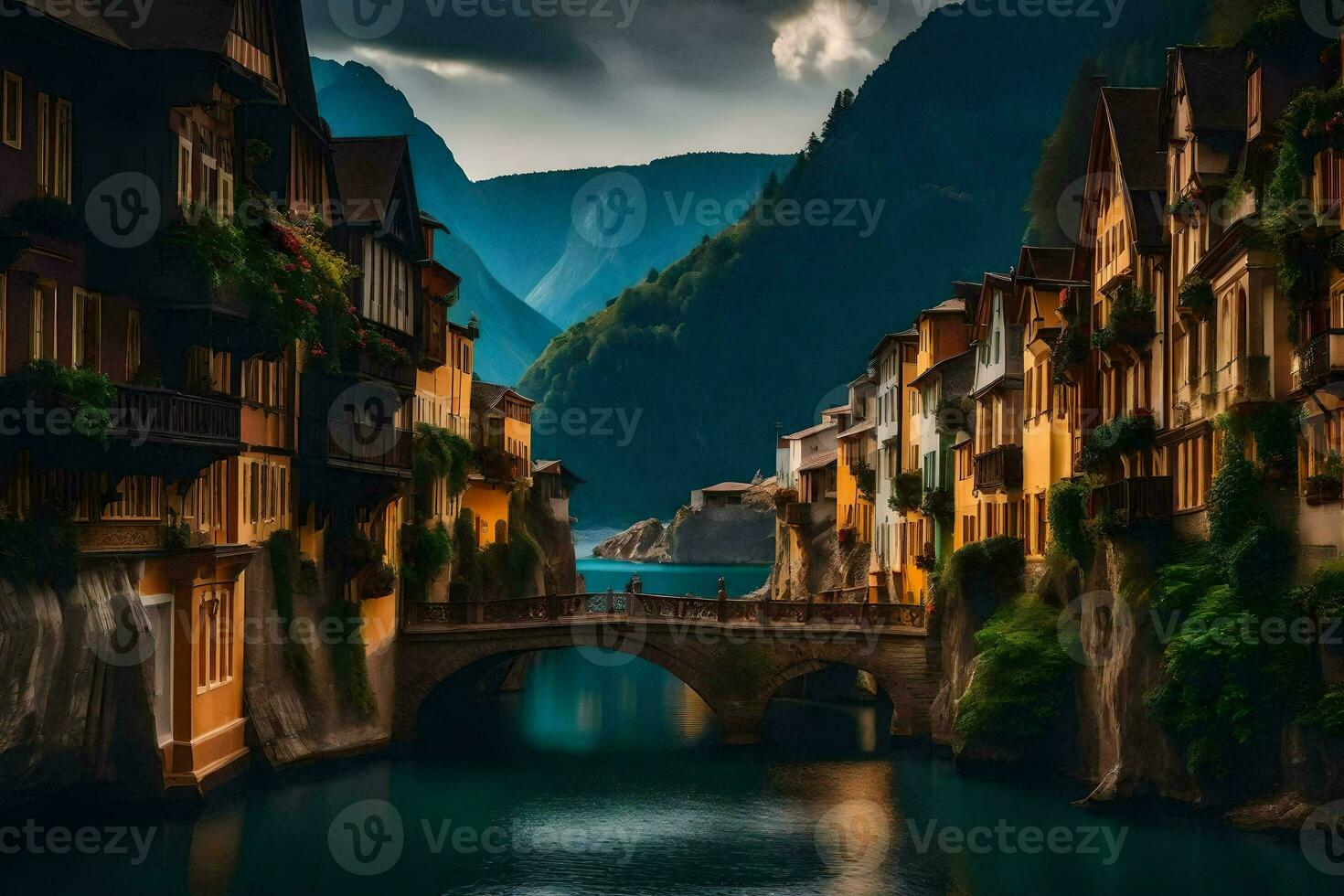 a bridge over a river in a town. AI-Generated photo