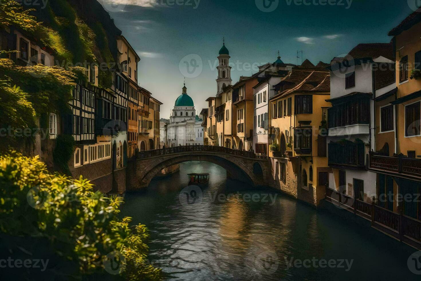 un canal en un ciudad con edificios y un puente. generado por ai foto