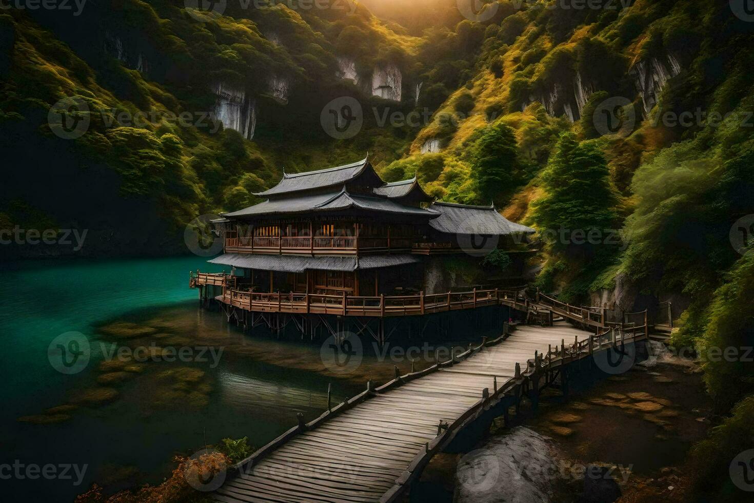 a chinese house sits on a wooden bridge over a lake. AI-Generated photo