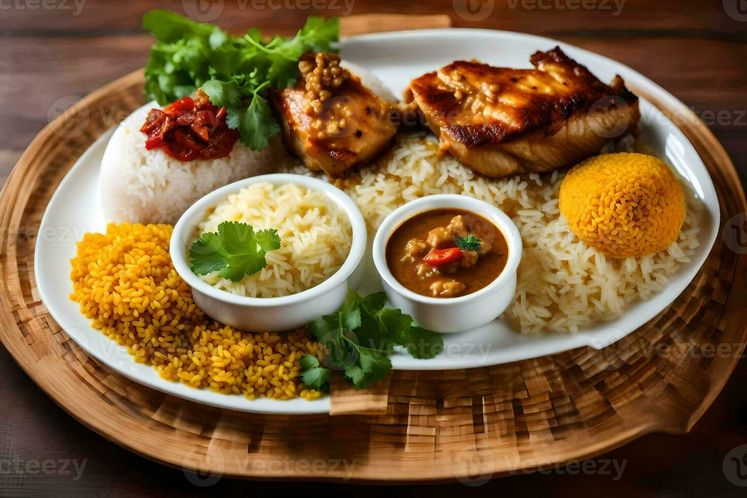 the food is served on a wooden table. AI-Generated photo