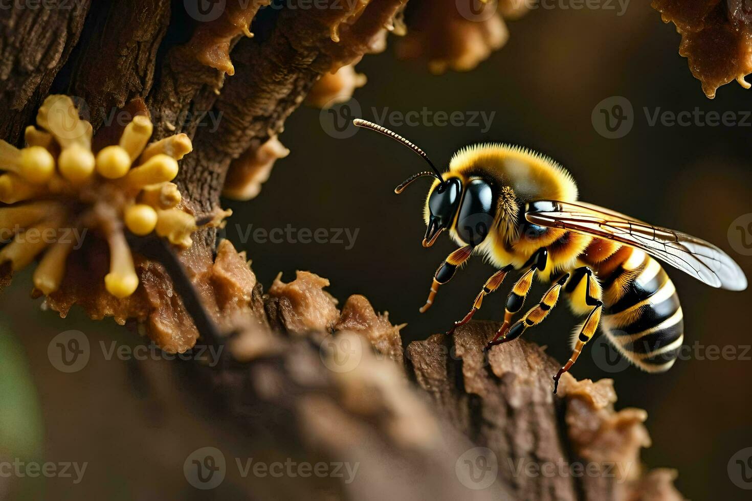 a bee is sitting on a branch with flowers. AI-Generated photo