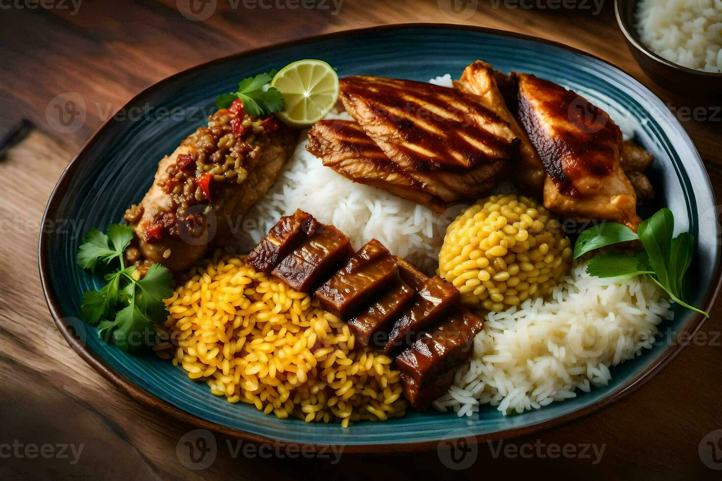 a plate of rice, chicken, and vegetables. AI-Generated photo