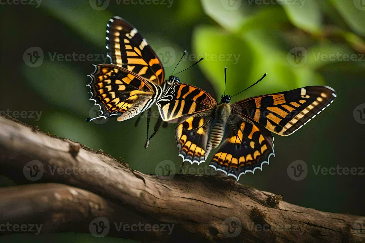 two butterflies are sitting on a branch together. AI-Generated photo