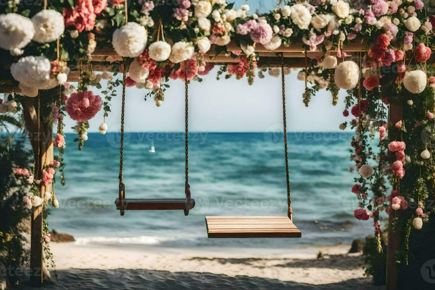 a swing on the beach with flowers and a wooden bench. AI-Generated photo