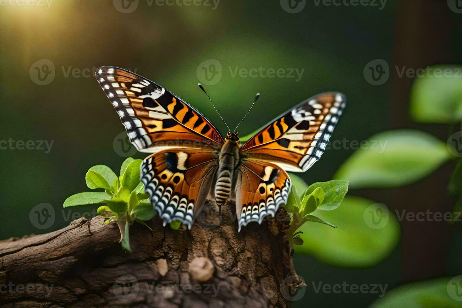 a butterfly is sitting on a tree branch. AI-Generated photo