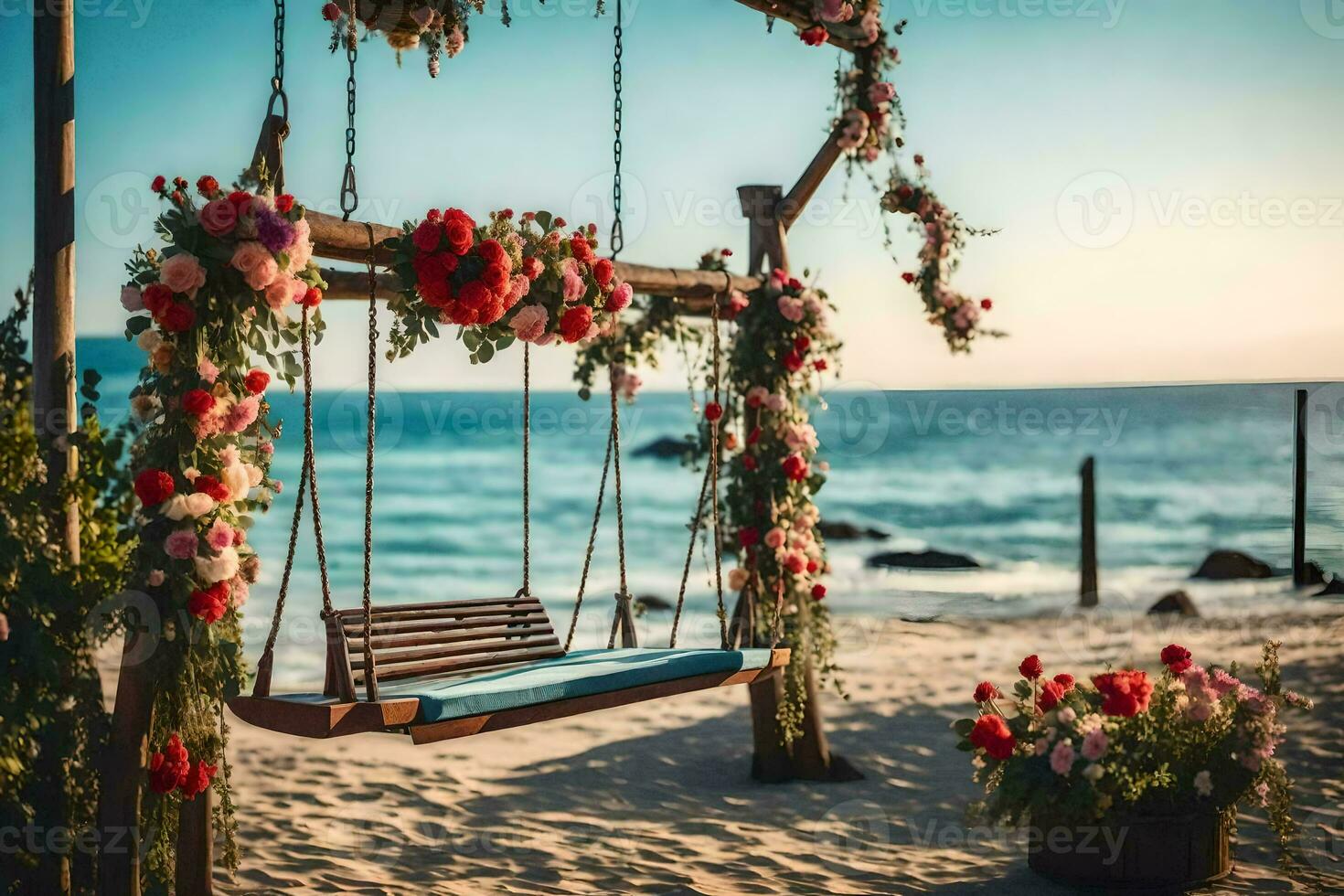 a swing on the beach with flowers and a bench. AI-Generated photo
