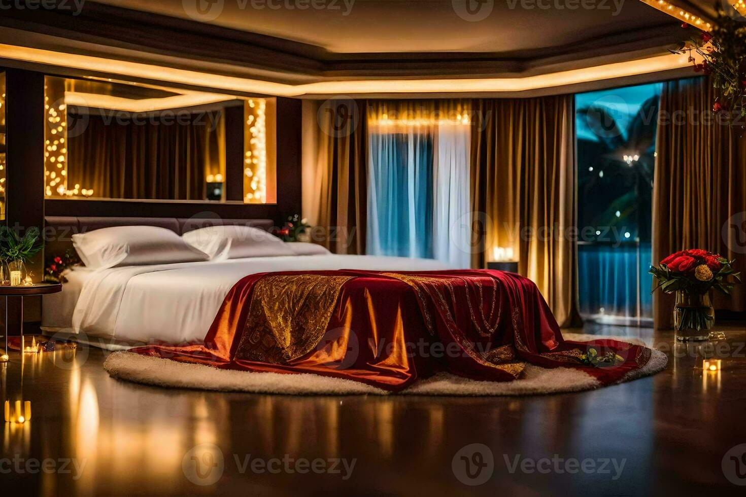 a bedroom with a bed and a large mirror. AI-Generated photo