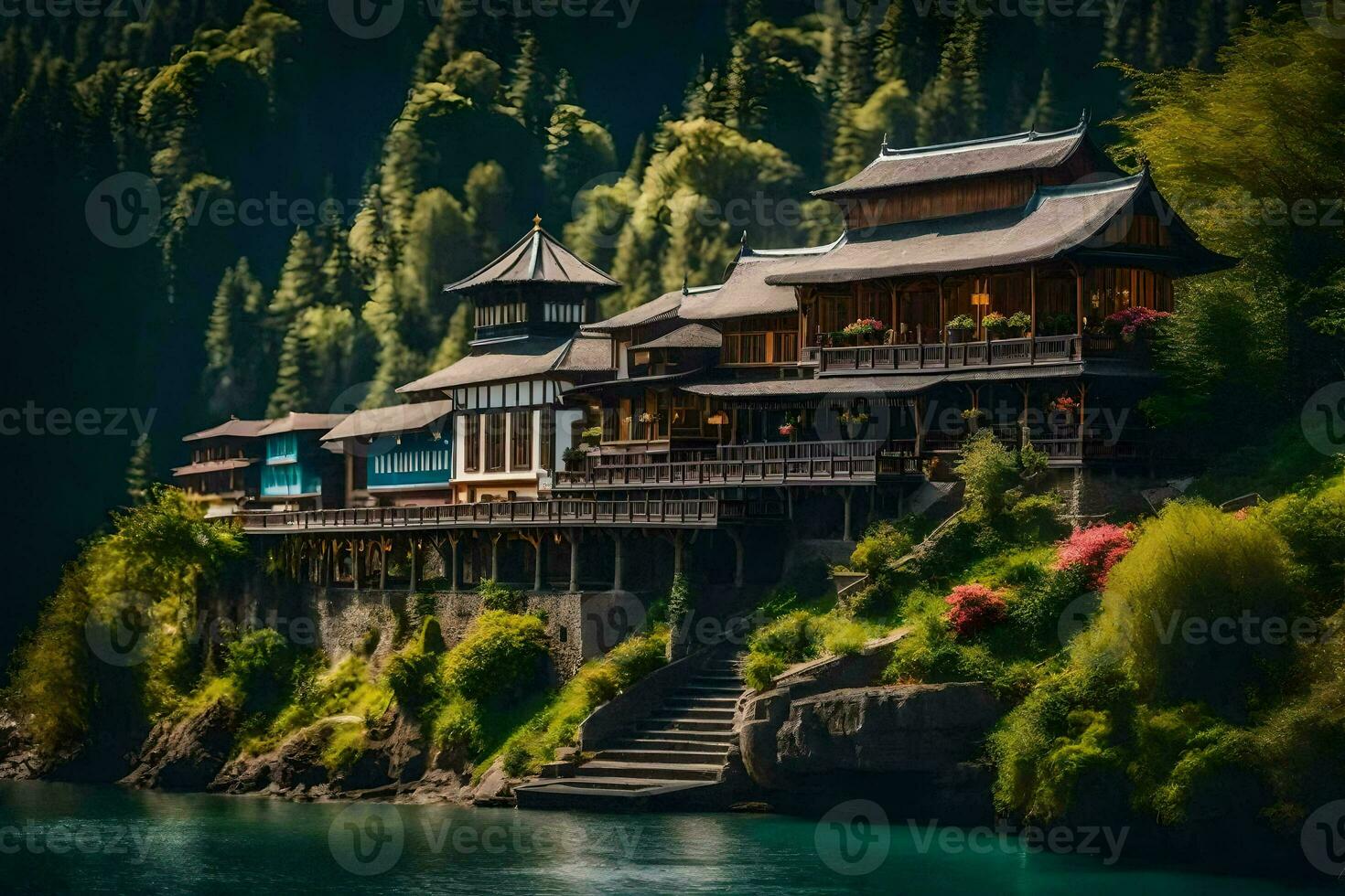 a chinese house on a hill overlooking the water. AI-Generated photo