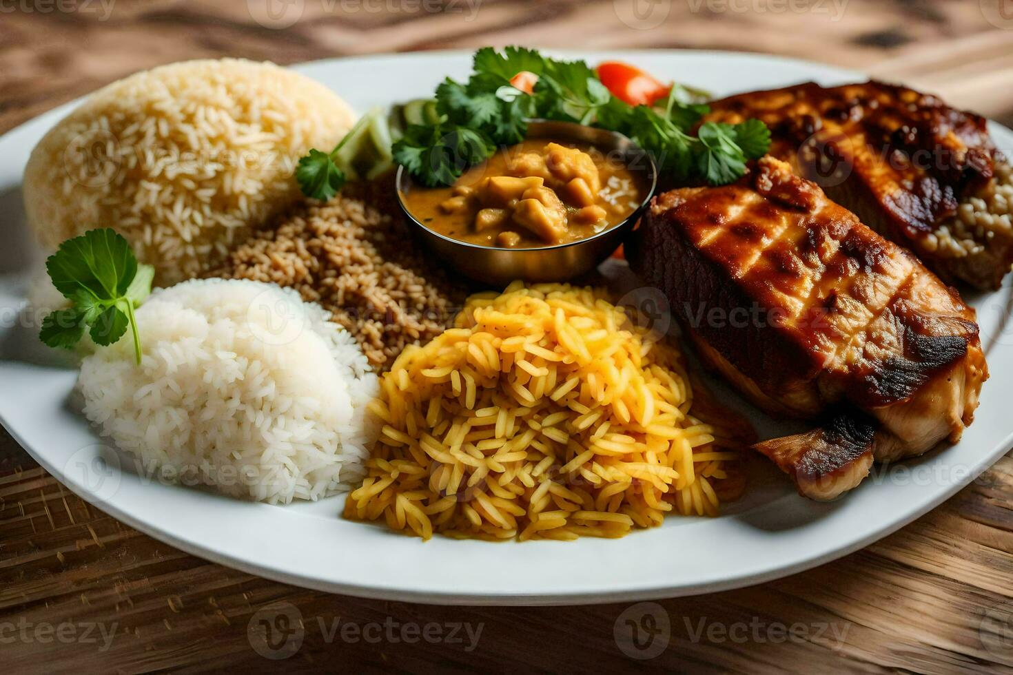 a plate of food with rice, chicken, and vegetables. AI-Generated photo