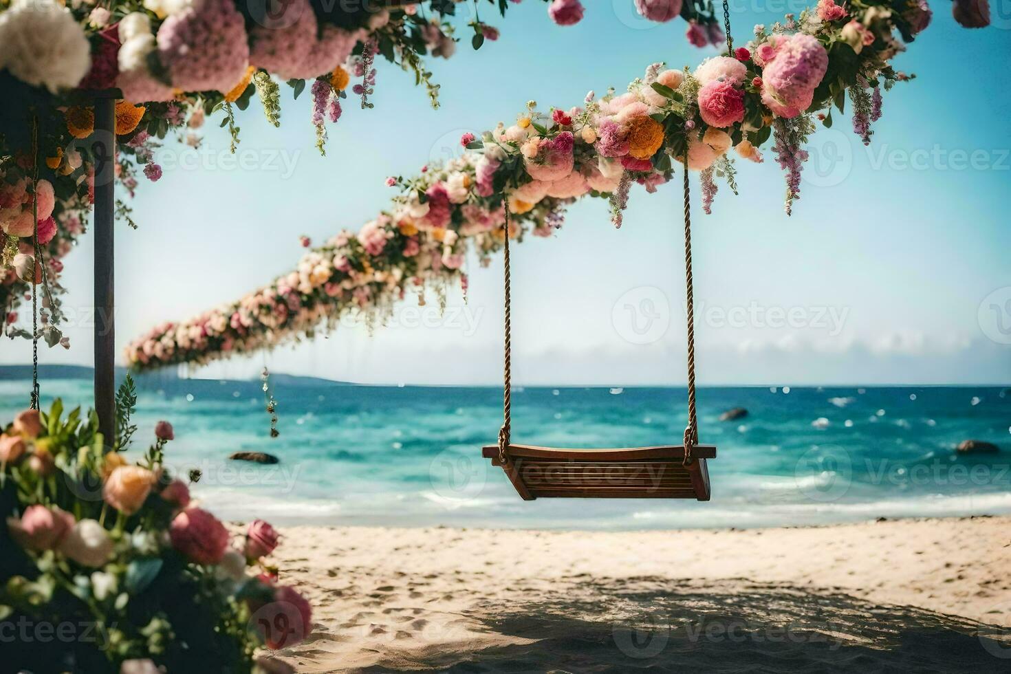 a swing on the beach with flowers hanging from it. AI-Generated photo
