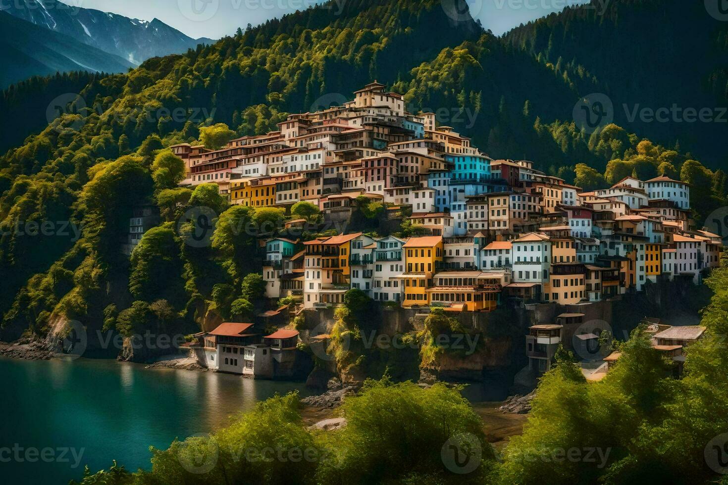 a village on the side of a mountain with a lake. AI-Generated photo