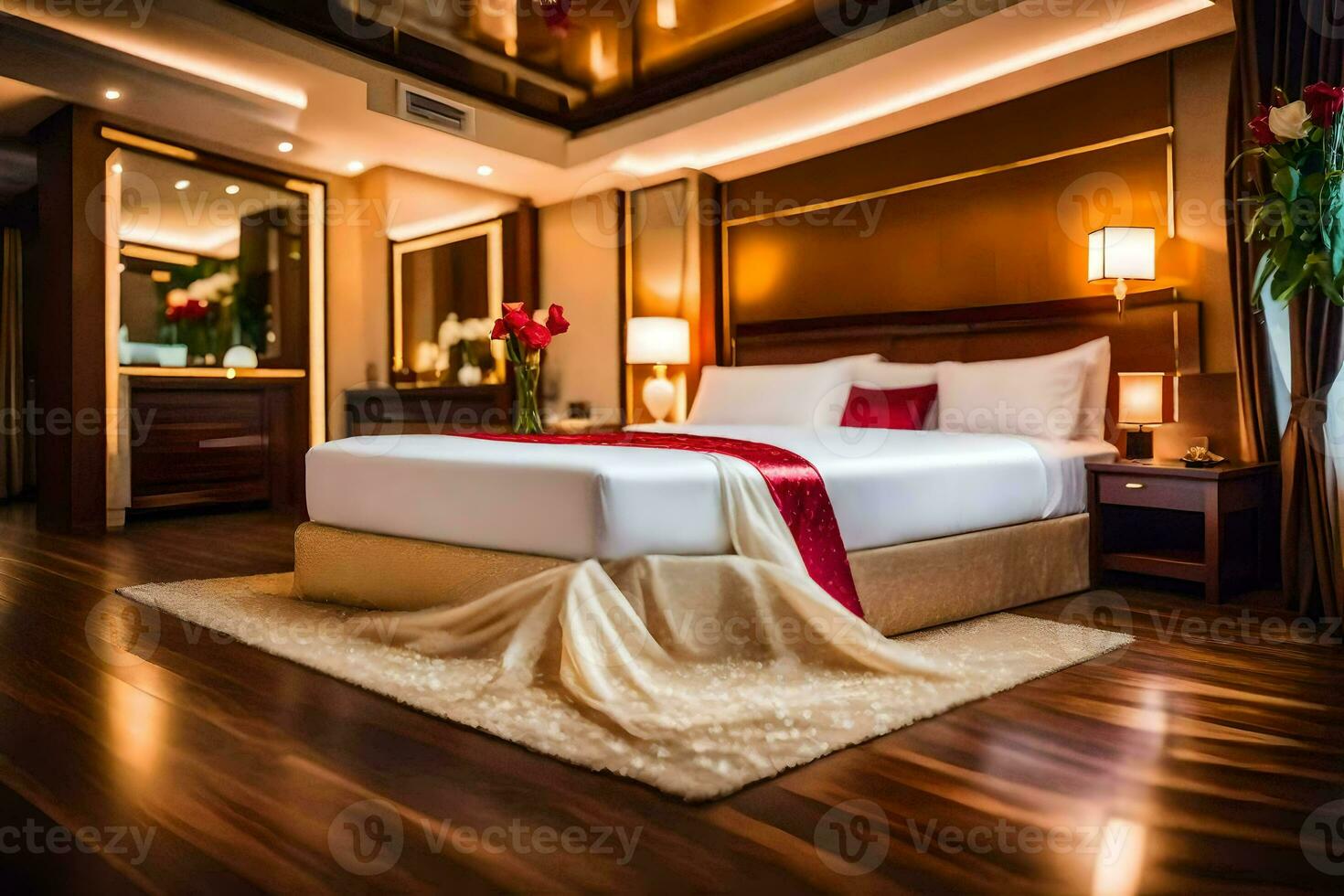 a large bedroom with a bed and a mirror. AI-Generated photo