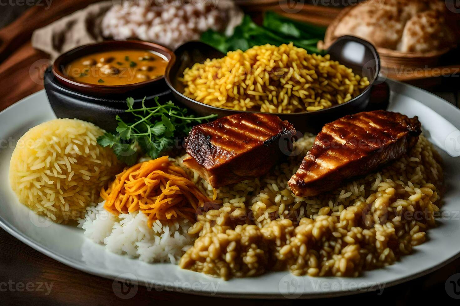 a plate of food with rice, chicken and rice. AI-Generated photo