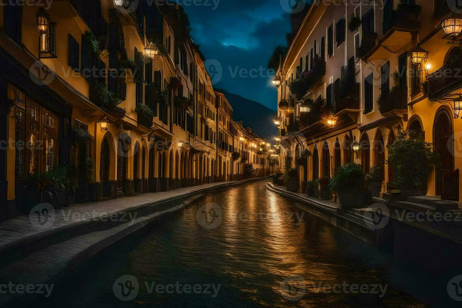 a narrow street in the middle of a city at night. AI-Generated photo