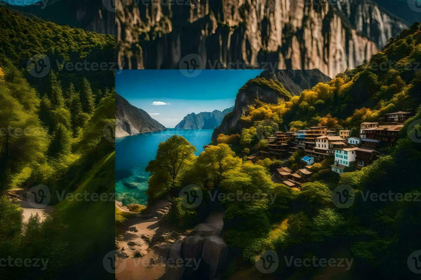 a photo of a mountain village with a lake in the background. AI-Generated