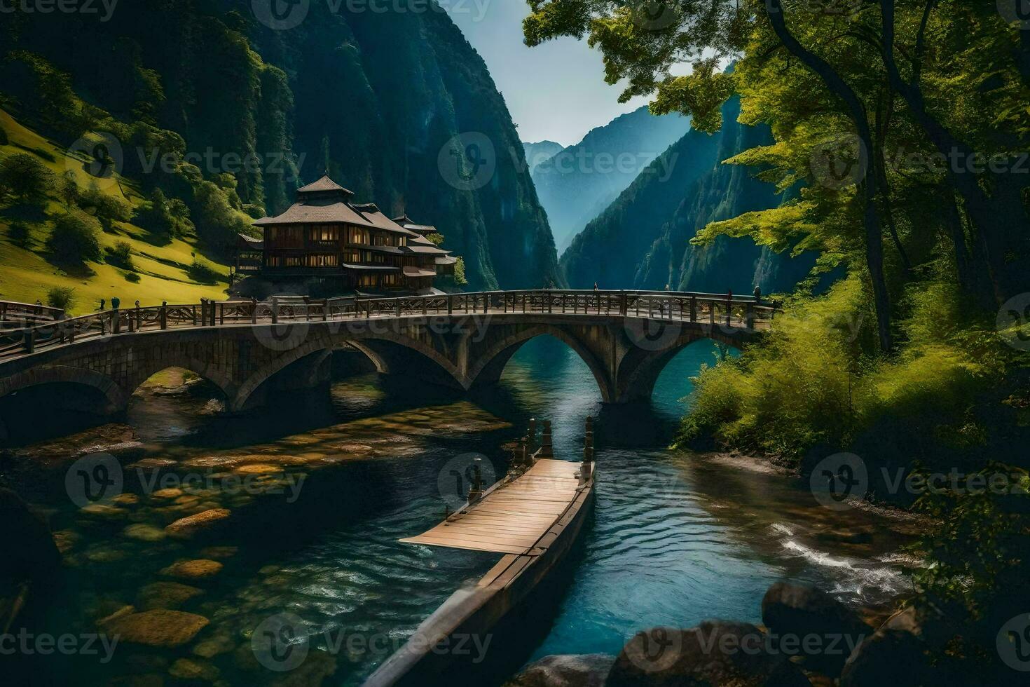 a bridge over a river in the mountains. AI-Generated photo