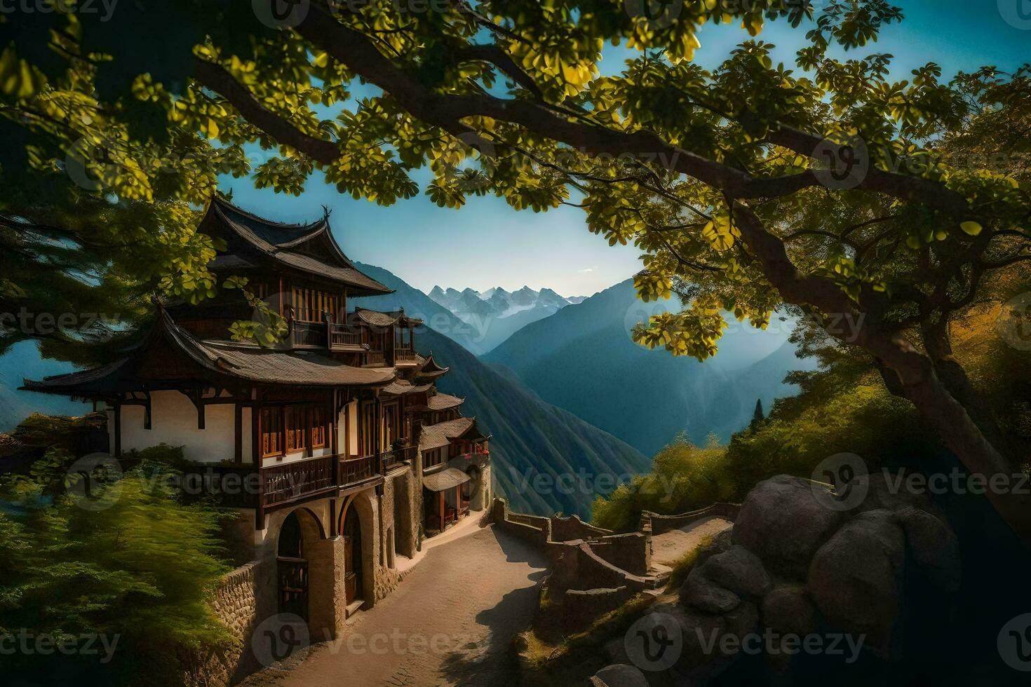 a chinese house in the mountains with a path leading to it. AI-Generated photo