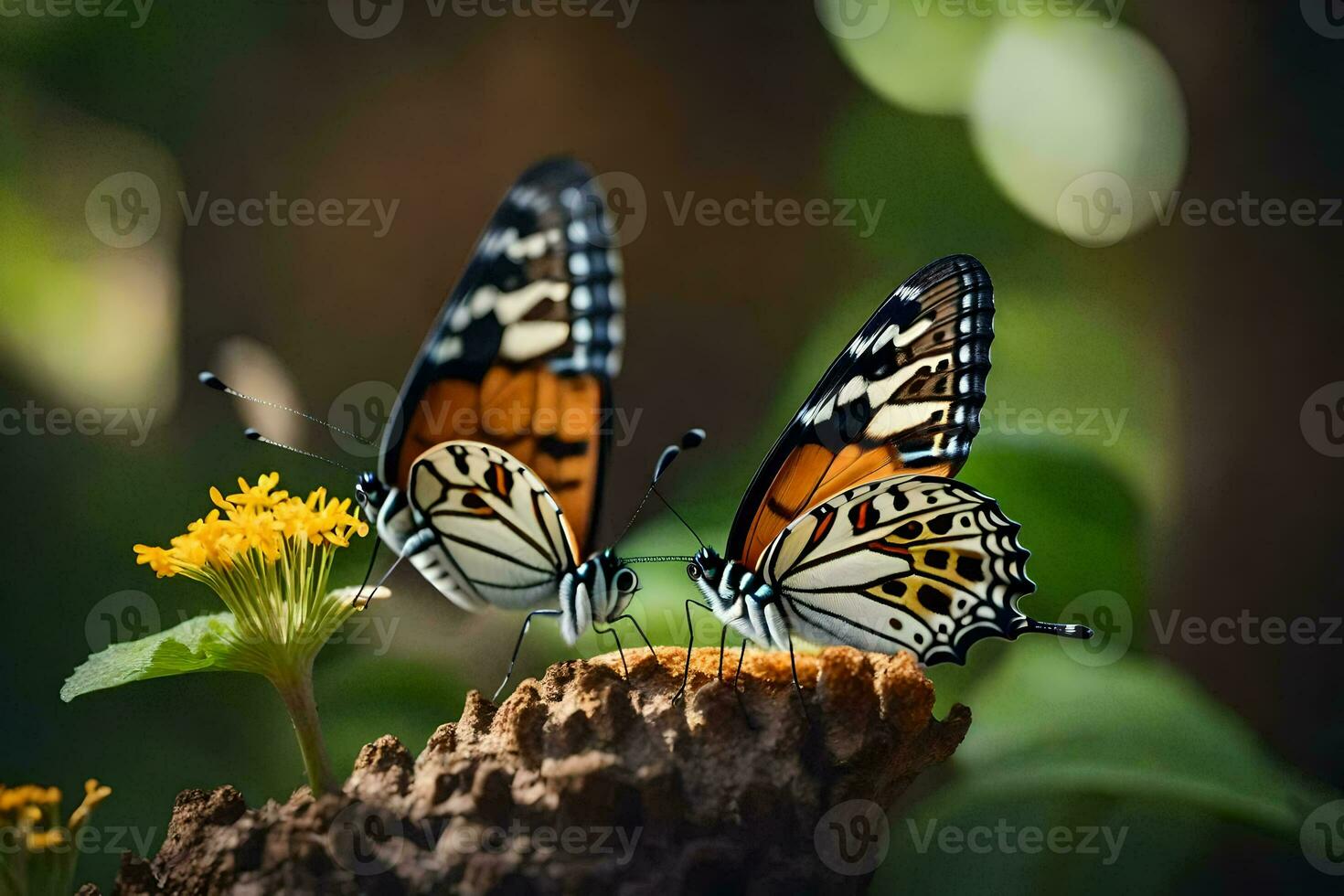 two butterflies are sitting on a tree stump. AI-Generated photo