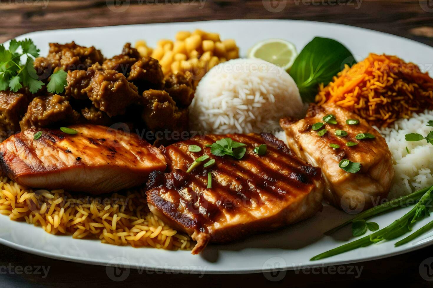 a plate of food with rice, meat and vegetables. AI-Generated photo
