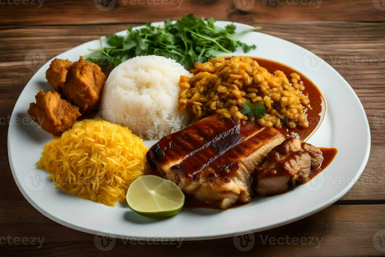 a plate of food with rice, chicken, rice and vegetables. AI-Generated photo