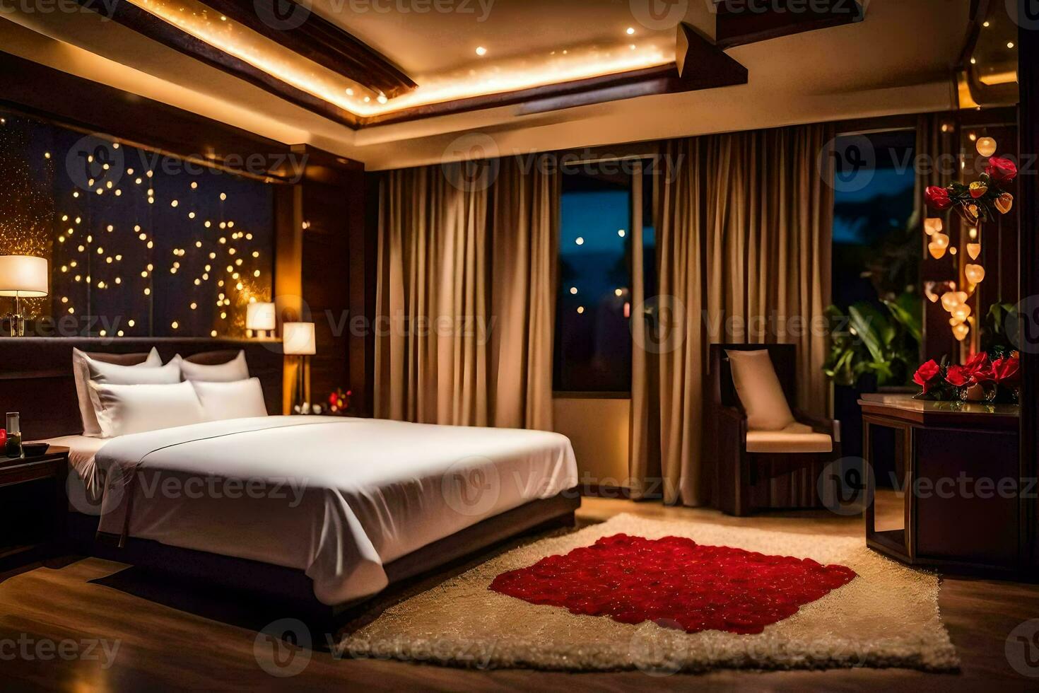 un hotel habitación con un grande cama y un rojo Rosa. generado por ai foto