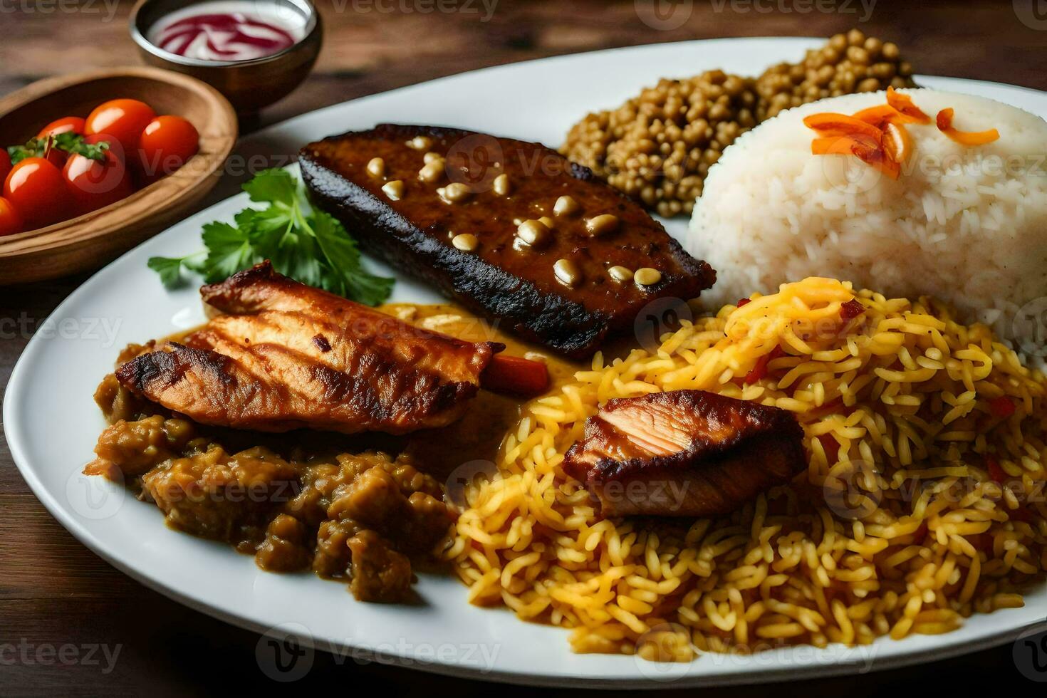 a plate of food with rice, meat and vegetables. AI-Generated photo