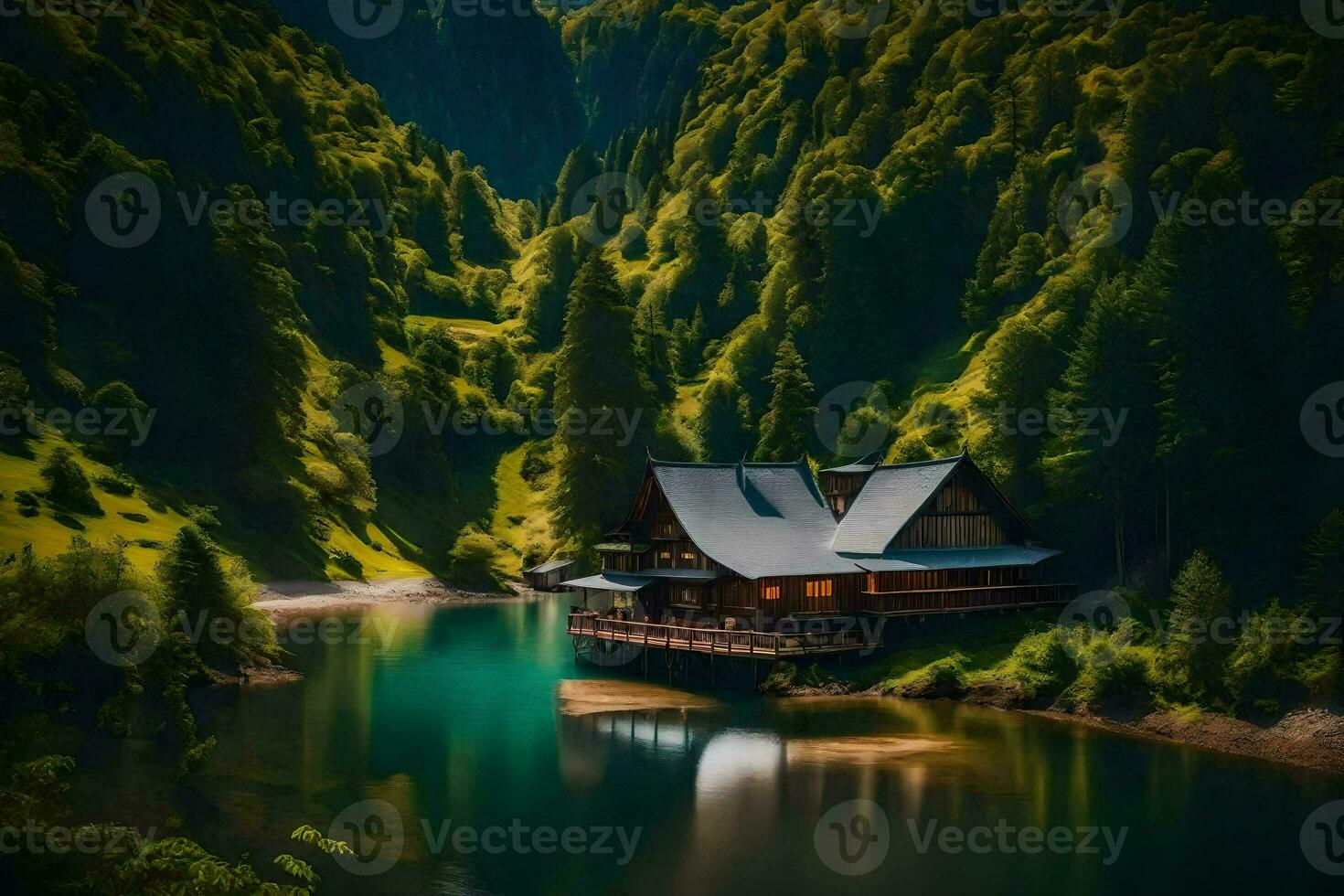 a house sits on the edge of a lake surrounded by trees. AI-Generated photo