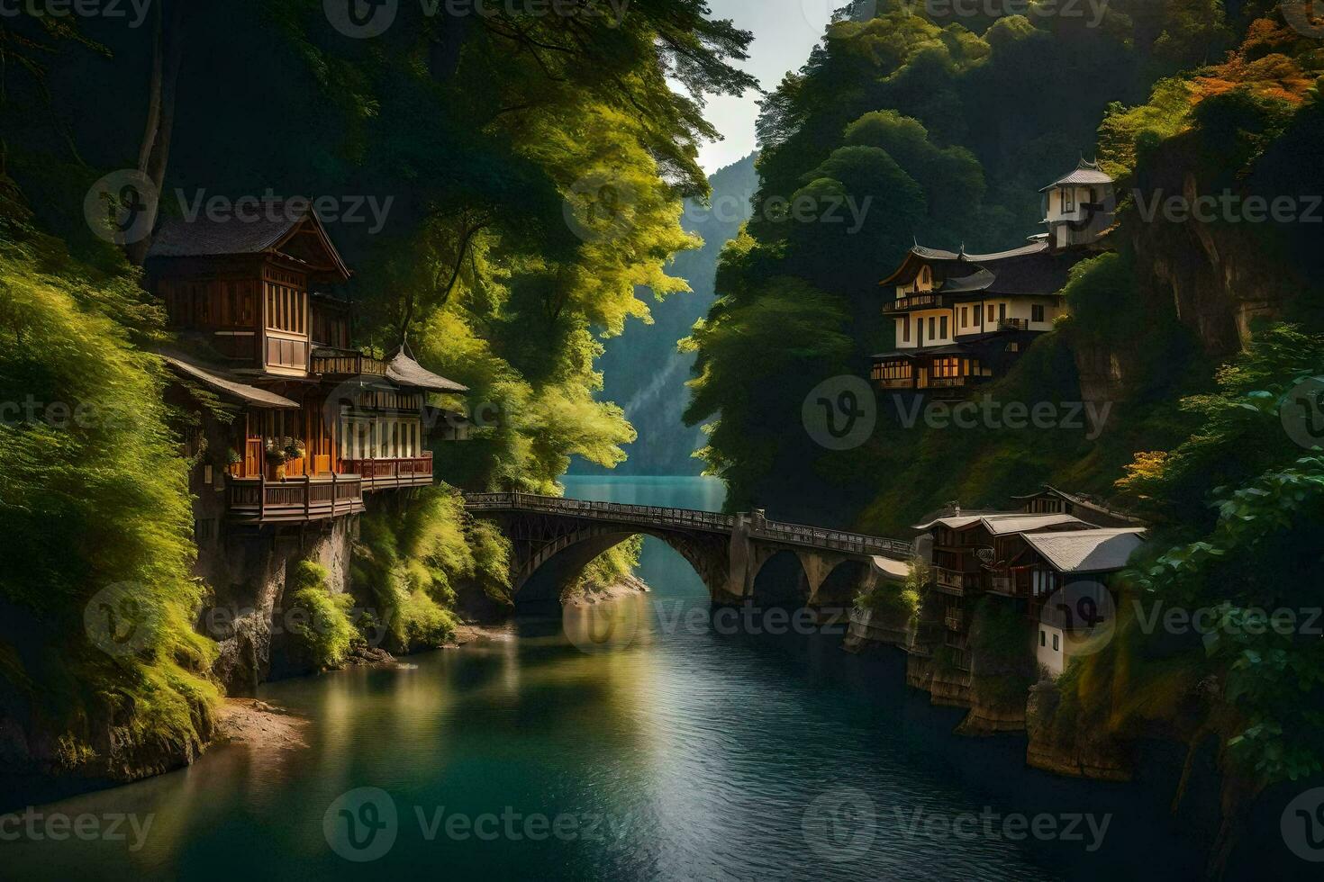 a river in japan with houses on the banks. AI-Generated photo