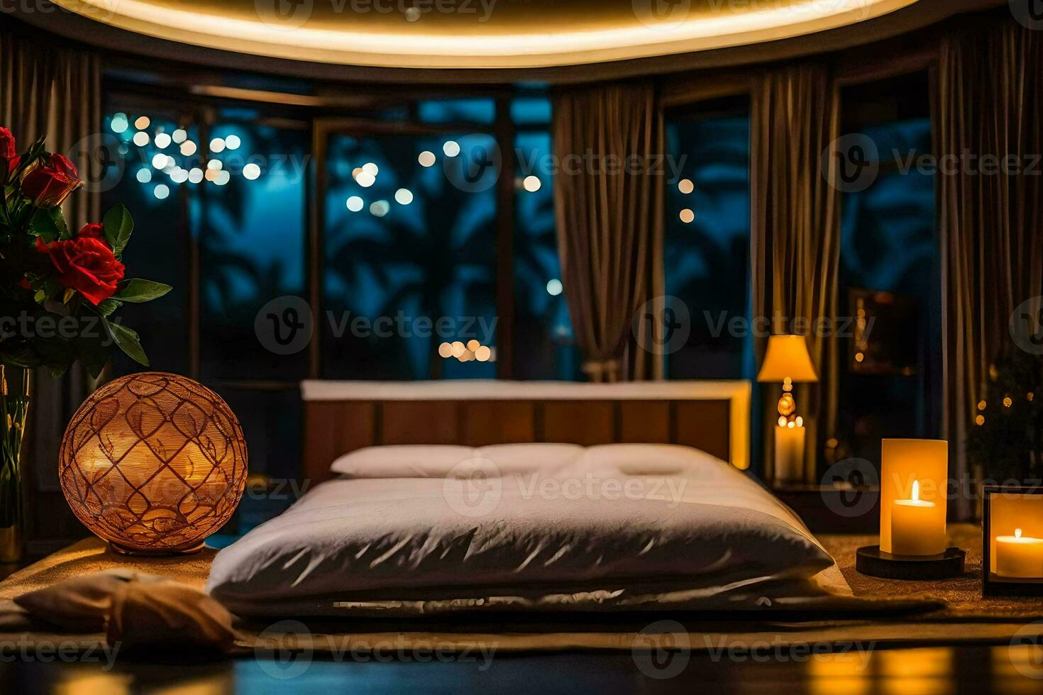 a bed with white sheets and candles in front of a window. AI-Generated photo