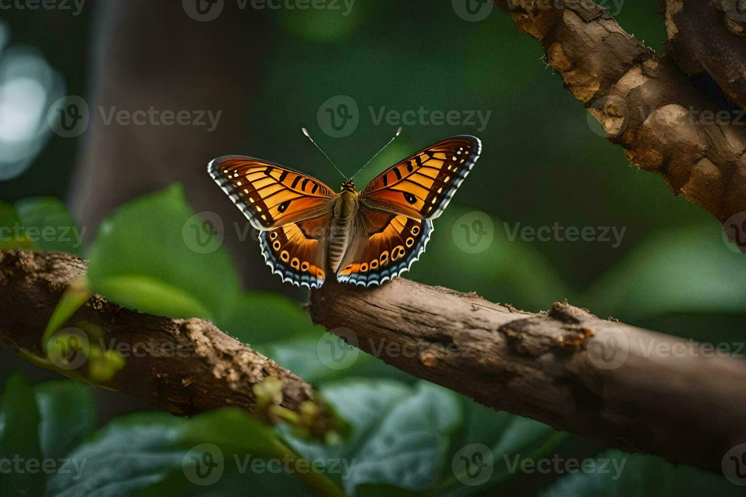 un mariposa se sienta en un rama en el bosque. generado por ai foto