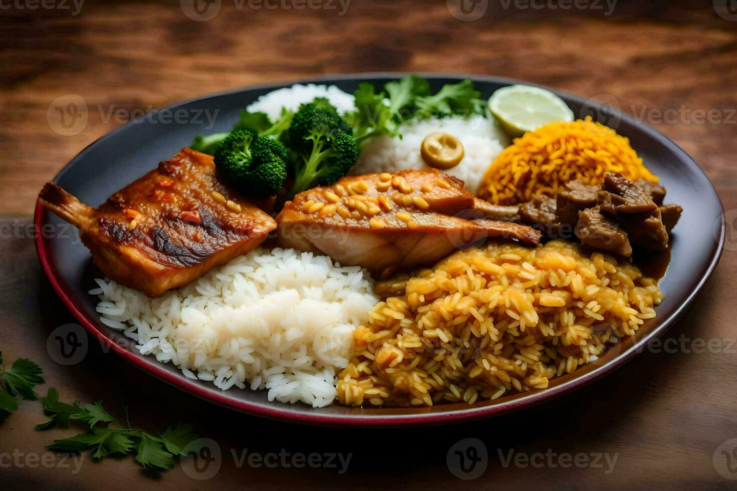 a plate of food with rice, meat and vegetables. AI-Generated photo