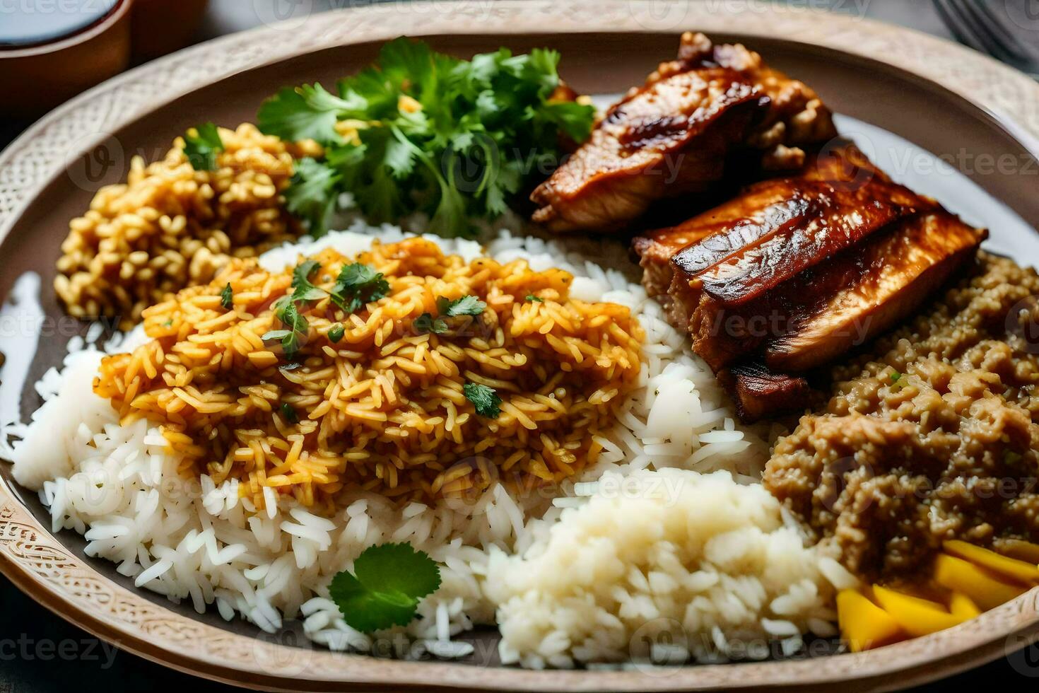 a plate of rice, meat and vegetables with a fork. AI-Generated photo
