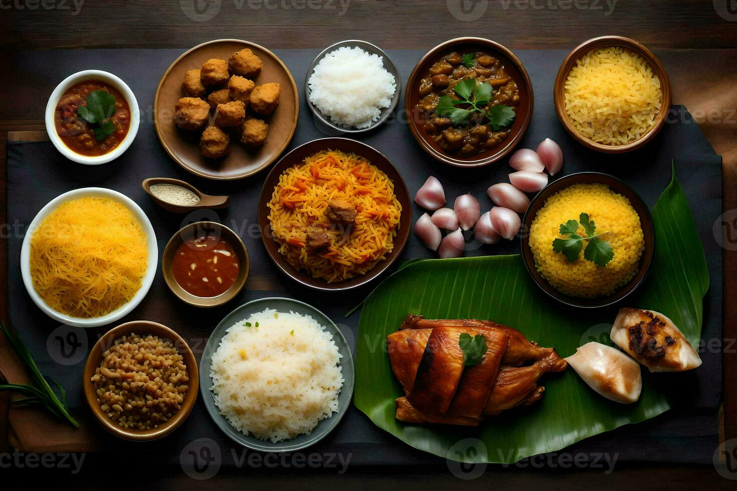 a variety of dishes are arranged on a wooden table. AI-Generated photo