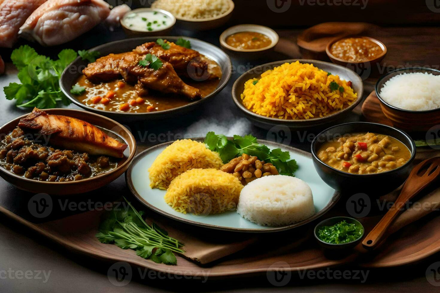 a variety of dishes on a wooden table. AI-Generated photo